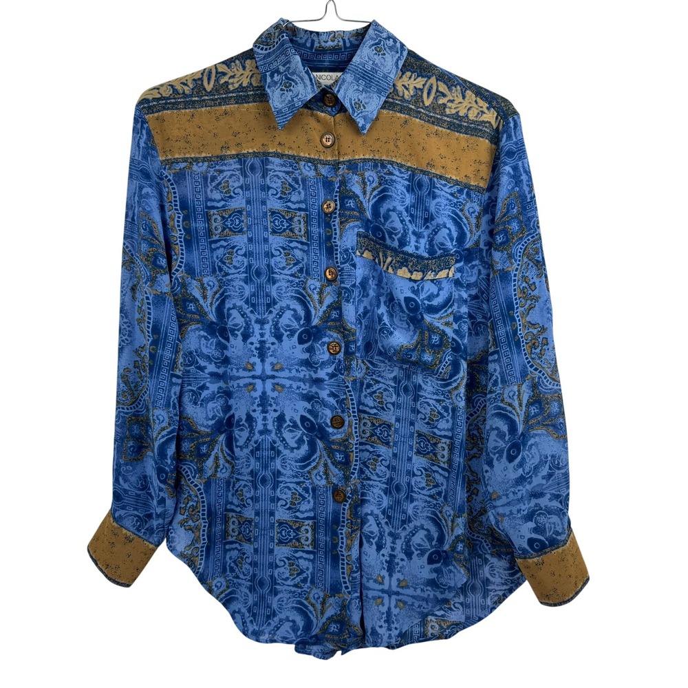 VTG 90s Women's Blue Gold Abstract Print Button‎ Up L.S. Maximalist Sz Medium